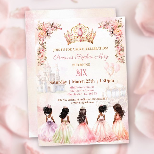 Convite Princesa Pele Escura Coroa Rosa Floral Aniversário (Princess Dark Skin Crown Pink Floral Birthday Invitation)
