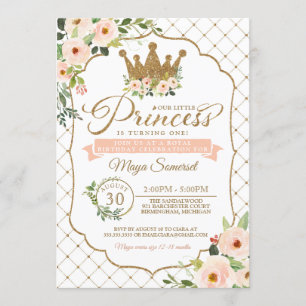 Convite Princesa pequena Floral & aniversário real Dourad