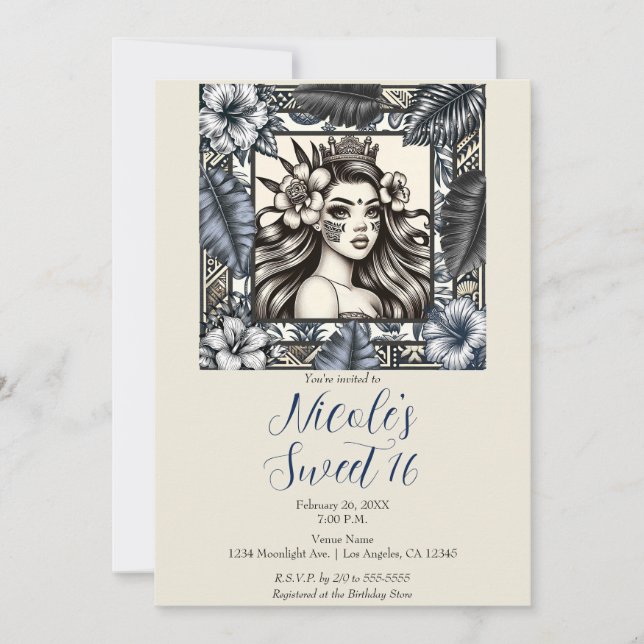 Convite Princesa Polinésia Blue Floral Tribal Doze Anos  (Frente)