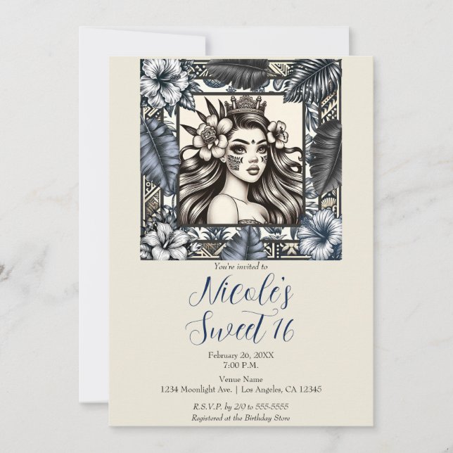 Convite Princesa Polinésia Floral Azul Tribal Sweet 16  (Frente)