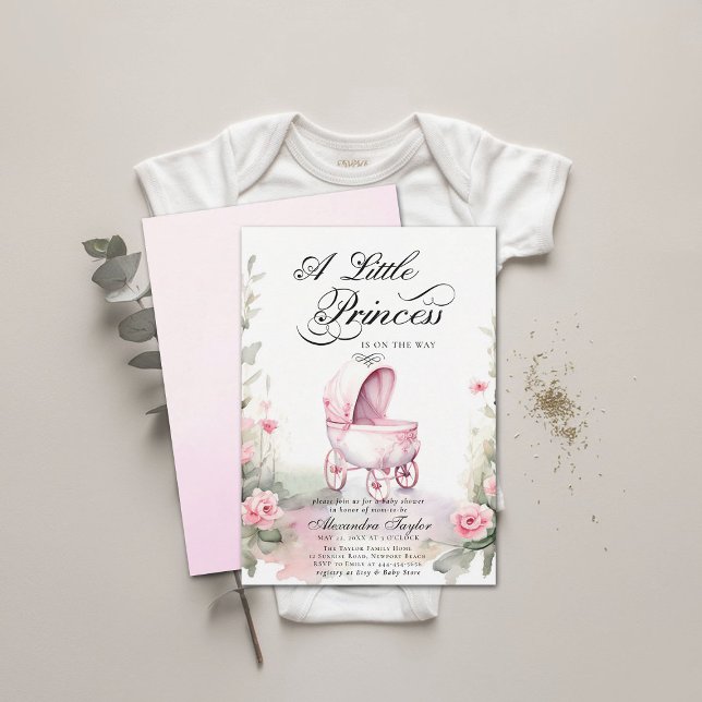 Convite Princesa Pram Rosas Watercolor Baby Chá (princess baby shower invitation watercolor floral roses garden pram stroller cute adorable girl)