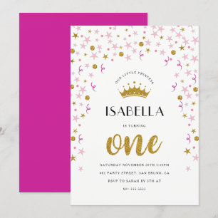 Convite Princesa primeiro aniversario Confetti Dourado e