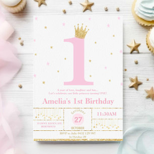 Convite Princesa primeiro aniversario rosa e Dourada