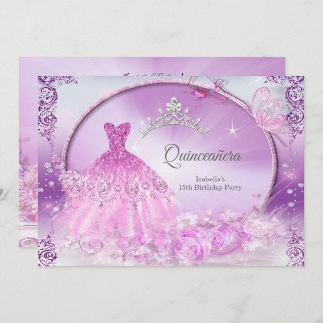 Convite Princesa Purple Quinceanera Vestido Mágico (Frente/Verso)