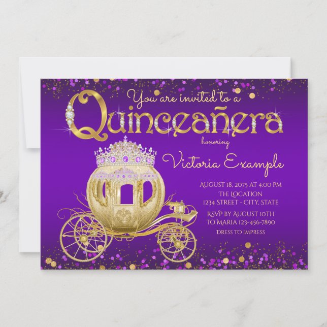 Convite Princesa Púrpura e Dourada Quinceanera (Frente)