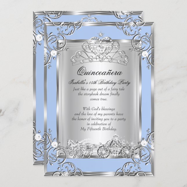 Convite Princesa Quinceanera 15 Birthday Blue Silver (Frente/Verso)