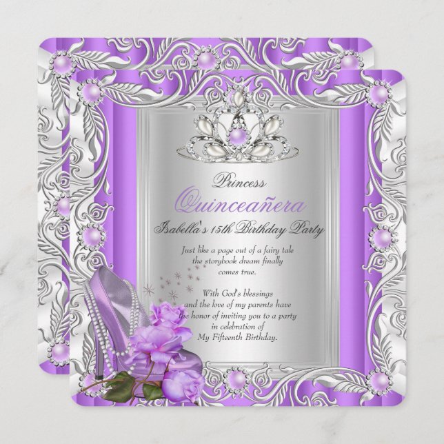 Convite Princesa Quinceanera 15 Birthday Purple Rosa (Frente/Verso)