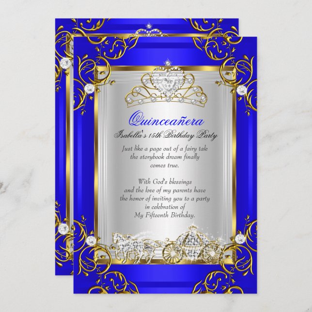 Convite Princesa Quinceanera 15 Birthday Royal Blue (Frente/Verso)