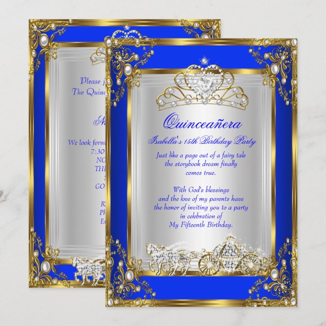 Convite Princesa Quinceanera 15 Birthday Royal Blue (Frente/Verso)