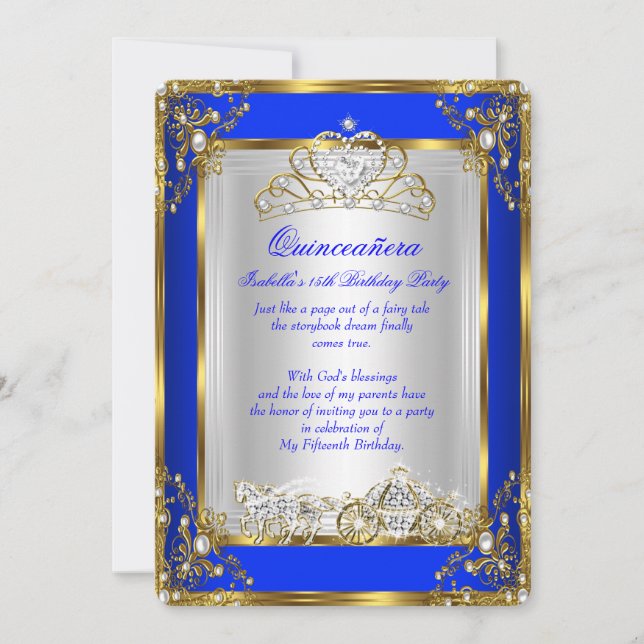 Convite Princesa Quinceanera 15 Birthday Royal Blue (Frente)
