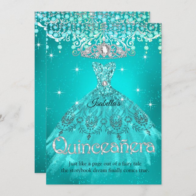 Convite Princesa Quinceanera 15 Birthday Teal Aqua Tiara (Frente/Verso)