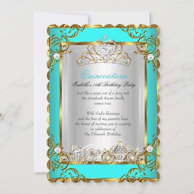 Convite Princesa Quinceanera 15 Birthday Teal Blue (Frente)