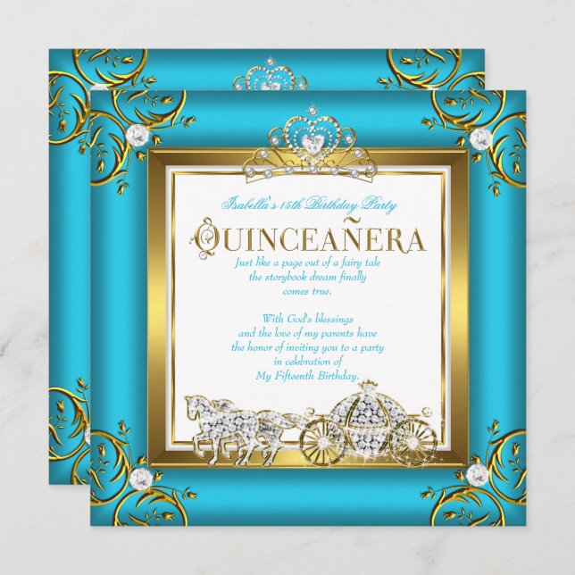 Convite Princesa Quinceanera 15 Birthday Teal Blue Dourado (Frente/Verso)