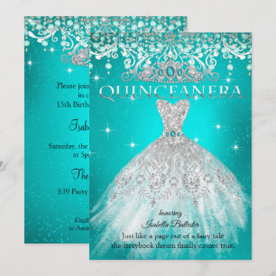 Convite Princesa Quinceanera 15 Birthday Teal Blue Tiara