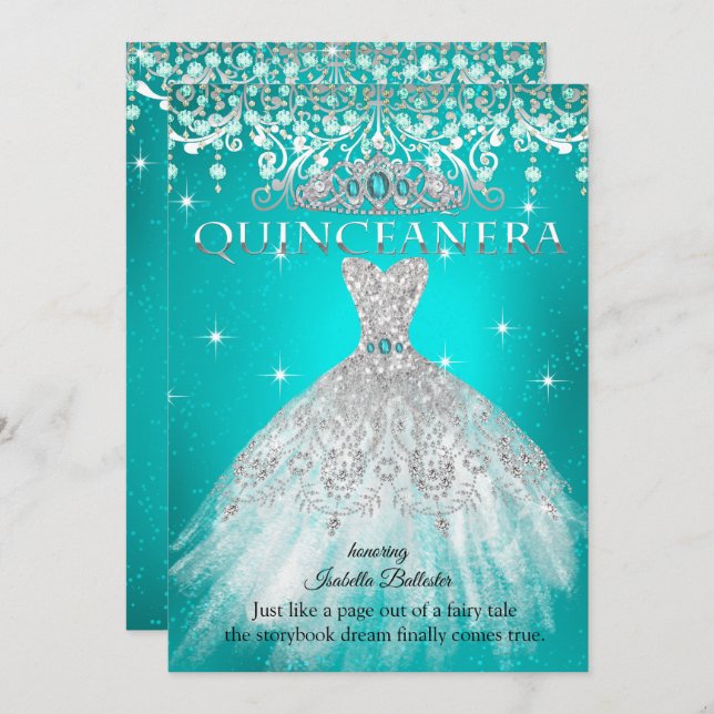 Convite Princesa Quinceanera 15 Birthday Teal Blue Tiara (Frente/Verso)
