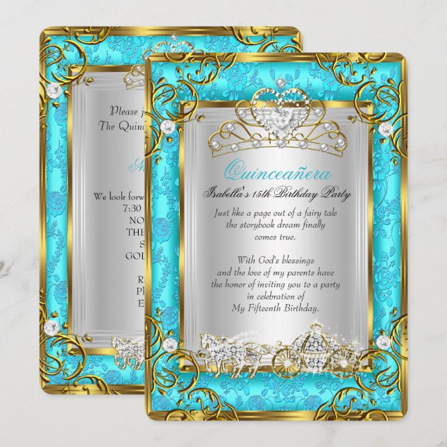 Convite Princesa Quinceanera 15 Birthday Teal Damask (Frente/Verso)