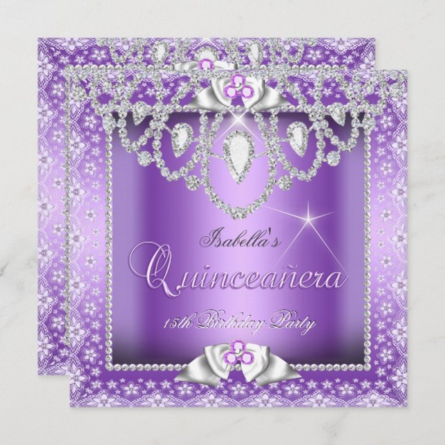 Convite Princesa Quinceanera 15 Purple Lace Diamond (Frente/Verso)