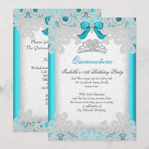 Convite Princesa Quinceanera Azul Turquesa de Renda