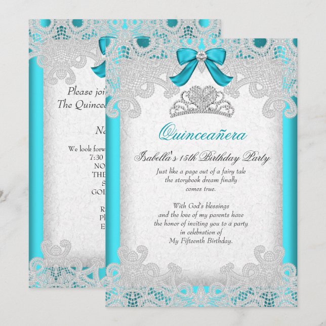 Convite Princesa Quinceanera Azul Turquesa de Renda (Frente/Verso)