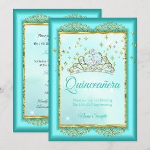 Convite Princesa Quinceañera Azul Turquesa Dourado Anivers