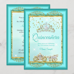 Convite Princesa Quinceañera Azul Turquesa Dourado Conto d