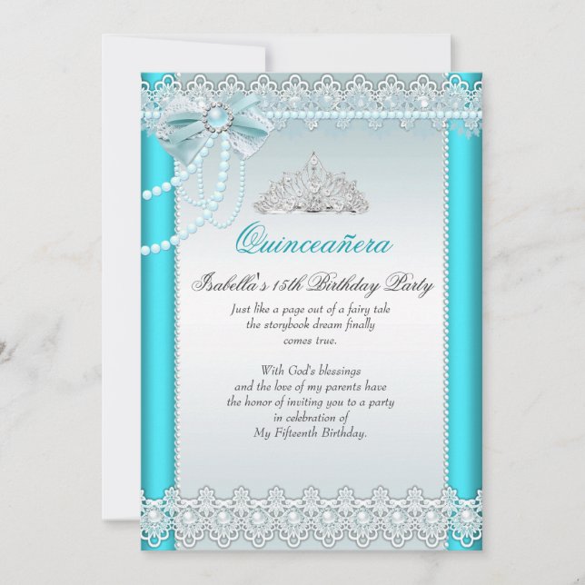 Convite Princesa Quinceanera Azul Turquesa Renda Pérola 2 (Frente)