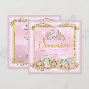 Convite Princesa Quinceanera Bege Rosa Dourado carruagem