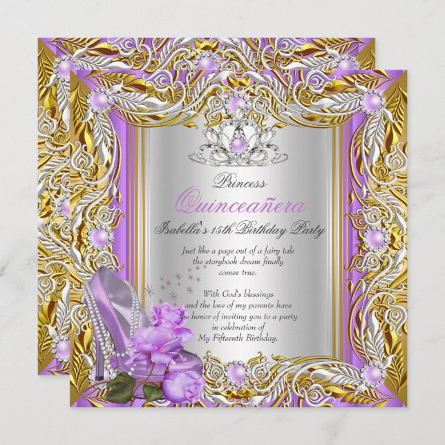 Convite Princesa Quinceanera Birthday Roxo Rosa Dourado 2 (Frente/Verso)