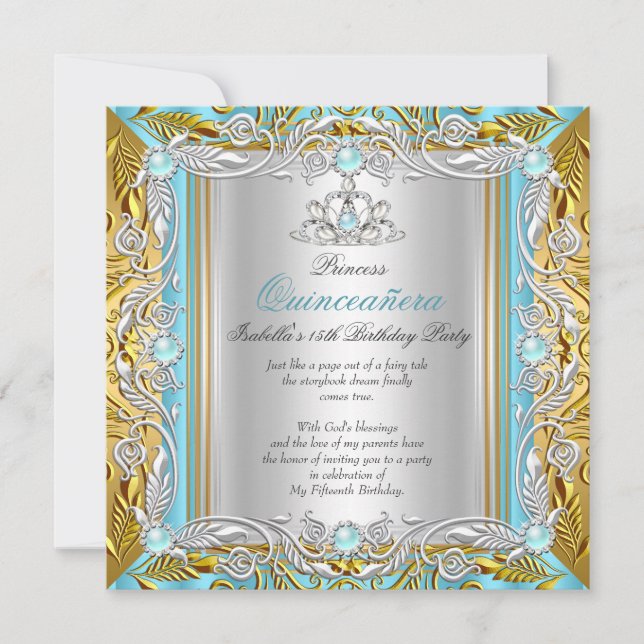 Convite Princesa Quinceanera Blue Teal Silver Dourado (Frente)
