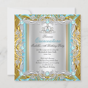 Convite Princesa Quinceanera Blue Teal Silver Dourado