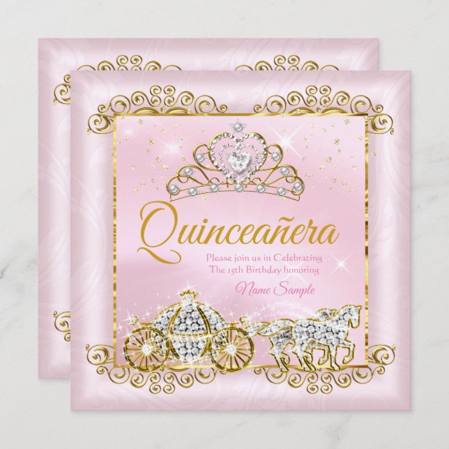 Convite Princesa Quinceanera Blush Dourada carruagem Rosa (Frente/Verso)