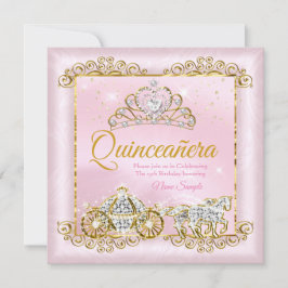 Convite Princesa Quinceanera Blush Dourada carruagem Rosa