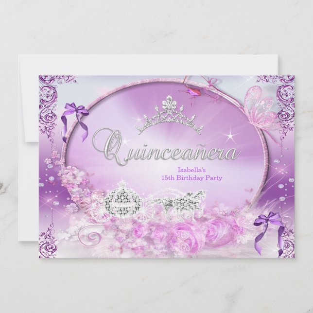 Convite Princesa Quinceanera Carruagem Roxo Mágico (Frente)