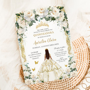 Convite Princesa Quinceañera Champagne Rosas de marfim