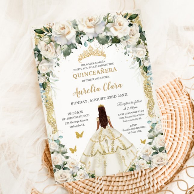 Convite Princesa Quinceañera Champagne Rosas de marfim (Criador carregado)