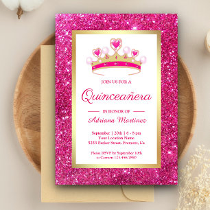Convite Princesa Quinceanera da tiara do brilho do rosa
