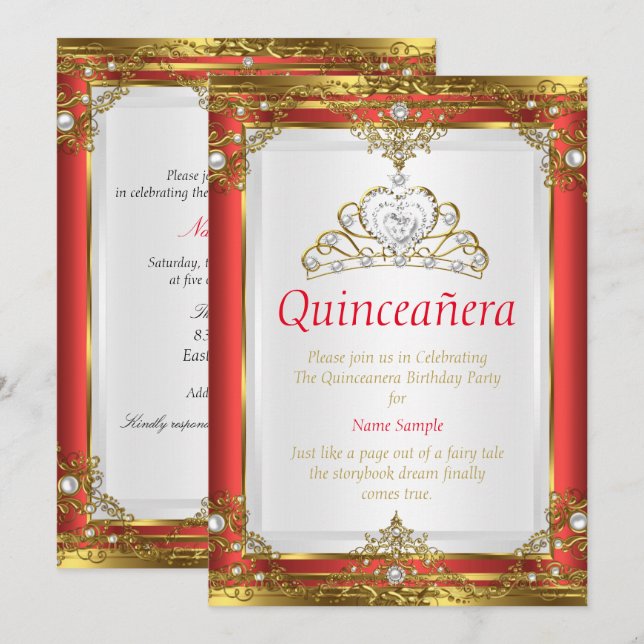 Convite Princesa Quinceanera, Dourada Branca Vermelha (Frente/Verso)