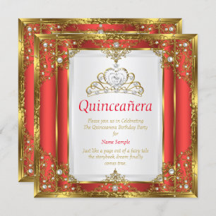 Convite Princesa Quinceanera, Dourada Branca Vermelha