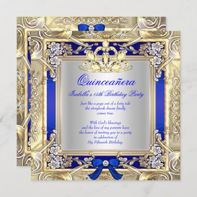 Convite Princesa Quinceanera Dourada Royal Blue Silver 2 (Frente/Verso)