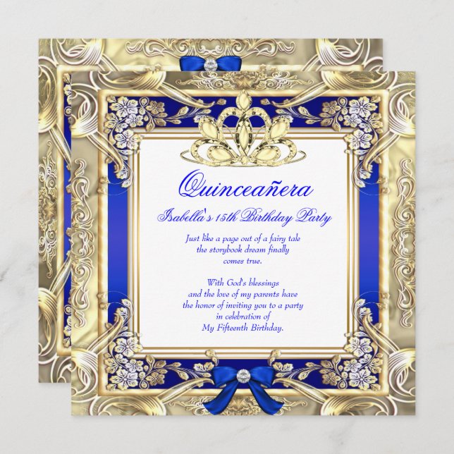 Convite Princesa Quinceanera Dourada Royal Blue Silver Whi (Frente/Verso)