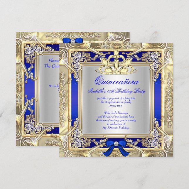 Convite Princesa Quinceanera Dourado Azul Real Prata 2 (Frente/Verso)