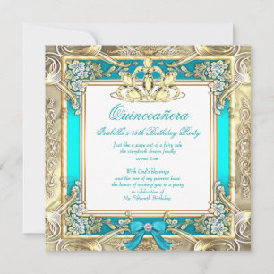 Convite Princesa Quinceanera Dourado Verde Água Prateado B