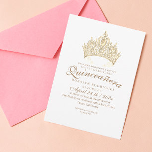 Convite Princesa Quinceañera Elegante Coroa Dourada Branca