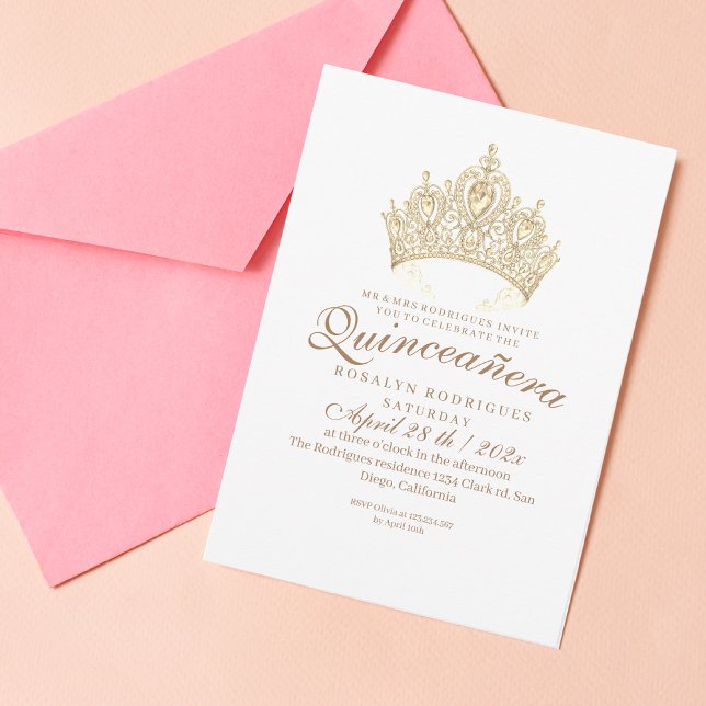 Convite Princesa Quinceañera Elegante Coroa Dourada Branca (Criador carregado)