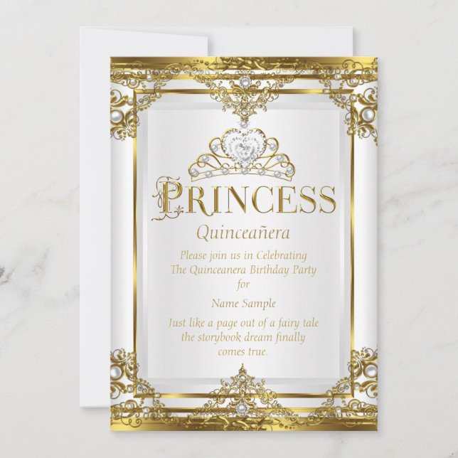 Convite Princesa Quinceanera Elegante Dourada Pérola Branc (Frente)