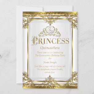 Convite Princesa Quinceanera Elegante Dourada Pérola Branc