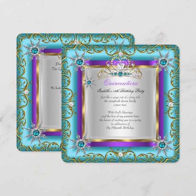 Convite Princesa Quinceanera Elite Dourado Prateado Azul T (Frente/Verso)