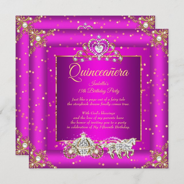 Convite Princesa Quinceanera Elite Magenta Dourada Sparkle (Frente/Verso)