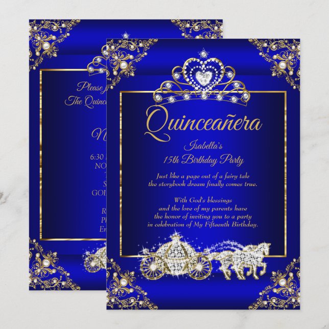 Convite Princesa Quinceanera Elite Royal Blue Dourado (Frente/Verso)