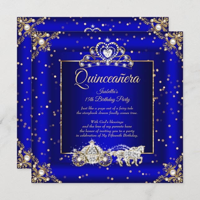 Convite Princesa Quinceanera Elite Royal Blue Sparkle (Frente/Verso)